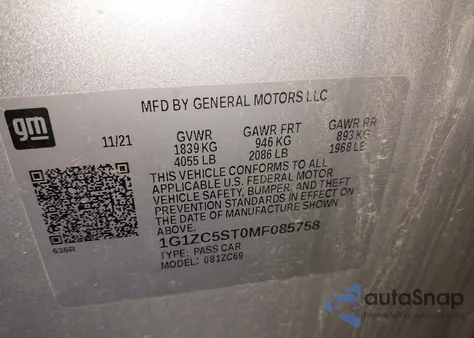 2021 Chevrolet Malibu Fwd 1Fl z USA, uszkodzony, nr VIN 1G1ZC5ST0MF085758